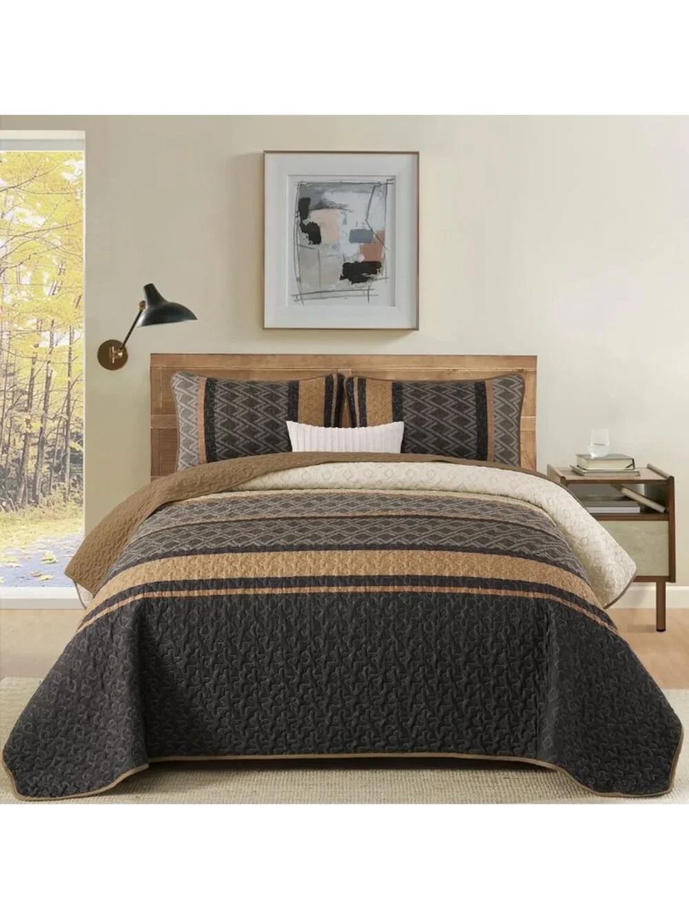 Boho King Size Quilt Set - Soft 3-Piece Striped Bedding, Lightweight Fall